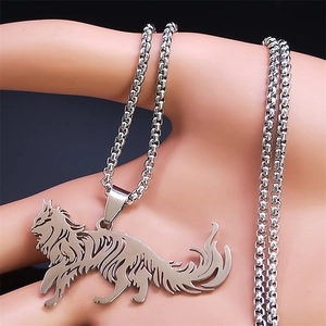 Silver wolf pendant necklace in stainless steel with hollow out animal design and punk style