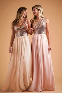 Elegante abito lungo in chiffon con paillettes e scollo a V per matrimoni e damigelle