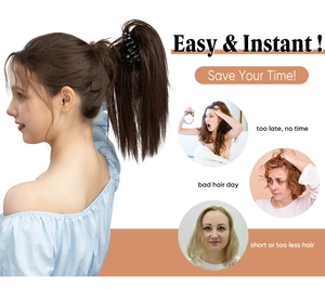 Detail showing deep brown ponytail hair clip with before and after comparison views