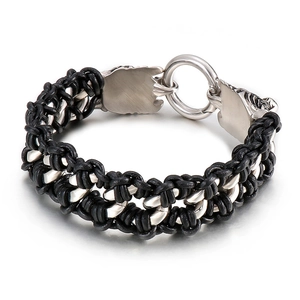 Men's punk braided leather and steel bracelet featuring vintage engraved circular buckle
