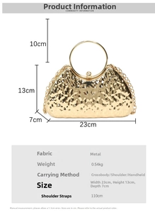 Specifiche dettagliate della borsa da sera dorata con texture a onde e tracolla