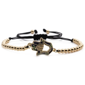 Gold Hamsa Hand beaded bracelet with blue enamel and sparkling cubic zirconia crystals