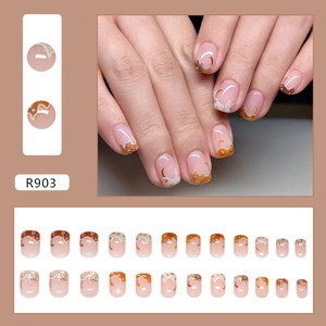 Cute brown cat-themed press-on nails with 24 pieces of glossy short square false tips