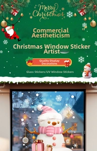 Close-up of pink snowman window stickers with UV printed snowflakes and gift boxes decoration