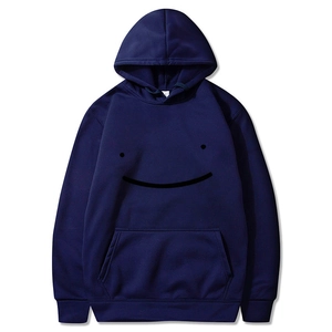 Navy blue Dream hoodie featuring minimalist black smiley print and kangaroo pocket