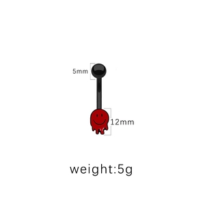 Vue détaillée d'un piercing de nombril noir avec pendentif smiley rouge et dimensions