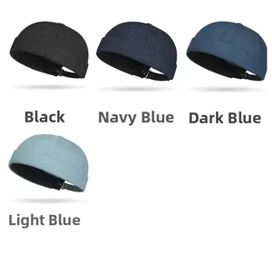 Detail view of retro denim docker caps showing four colors with adjustable metal straps