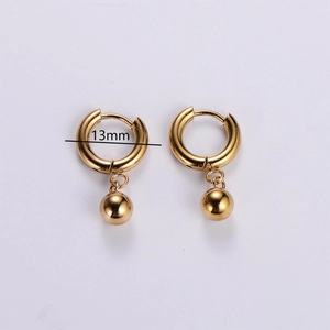 Gold stainless steel coil hoop earrings with 13mm bead drop charm for women