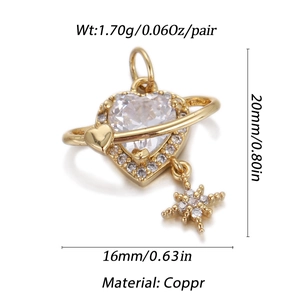Golden heart planet pendant with star in copper and crystals, 20mm height main view