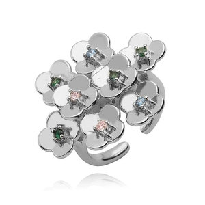 Bohemian silver flower ring with colorful gemstones in an adjustable open design