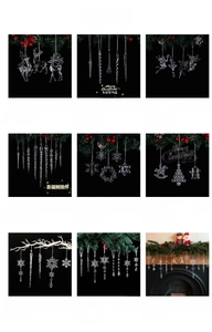 Detailed grid of transparent acrylic Christmas ornaments like reindeer and snowflakes