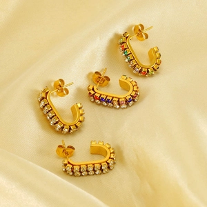 U-shaped gold titanium steel earrings set with colorful and clear zircons on silk