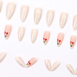 Cute cherry pattern almond-shaped press-on nails with retro lace texture and glossy finish