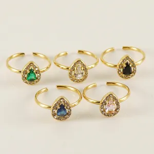 Bague Ouverte Élégante Avec Halo En Zircon Poire Acier Inoxydable Plaqué Or 18K Bijoux De Doigt Réglables Pour Femmes