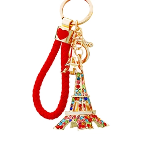 Eiffel Tower keychain with colorful crystals and a red braided leather wrist strap
