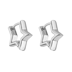 Close-up of polished silver star-shaped hoop earrings with a secure snap closure design