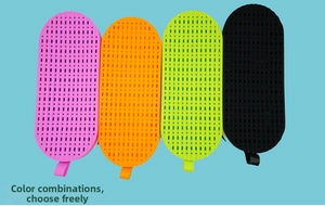 Flat lay of four colorful silicone eyeglass pouches with drainage holes and hanging loops