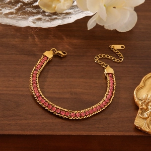 Bohemian gold-plated snake chain bracelet with pink rhinestones and K18 hallmark