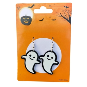 Ghost Halloween earrings with white acrylic drop design on festive orange pumpkin card