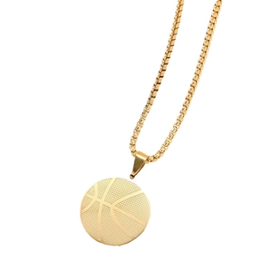 Golden basketball pendant necklace made of durable stainless steel on a white background