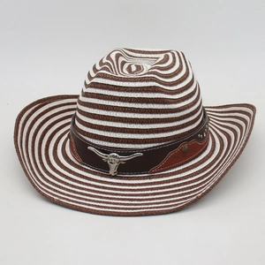 Brown striped western cowboy hat featuring a leather band and silver bull head metal emblem
