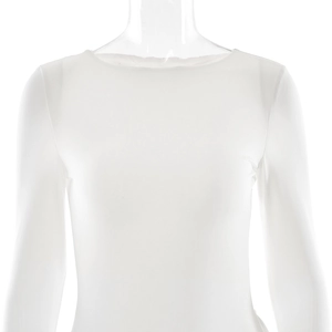 Detailed view of the smooth white fabric and crew neck stitching on this long sleeve dress