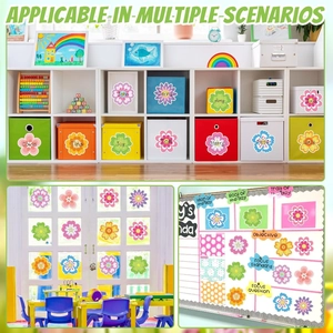 Colorful flower petal labels used for organizing storage bins and classroom whiteboards