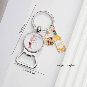 Detail of metal letter F keychain with beer bottle opener and dimensions measurements
