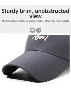 Macro detail of dark grey baseball cap with on! embroidery and rigid sunshade visor