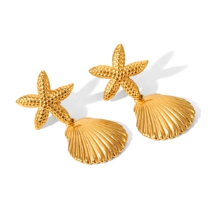 Elegant gold stainless steel starfish and scallop shell drop earrings on white backdrop