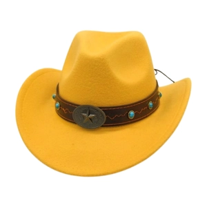 Detail of yellow felt cowboy hat featuring a vintage band with turquoise beads and star badge