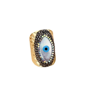 Evil Eye adjustable ring in 14K gold plating with shell inlay and colorful crystals