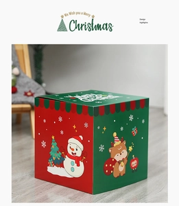 Detail of red and green Christmas gift box with festive snowman and reindeer illustrations