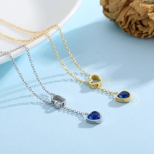 Heart Pendant Necklace Stainless Steel Y-Lariat Blue Gemstone Minimalist Jewelry For Women Elegant Sweet Style