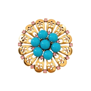 Vintage floral brooch with turquoise stones and pink crystals on gold-plated openwork