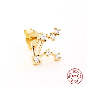 Close-up of golden S925 sterling silver zodiac stud earrings with sparkling crystals