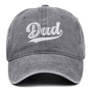 Close-up of high-quality white Dad embroidery on vintage washed dark grey baseball cap