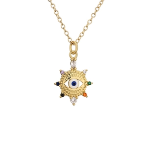 Golden evil eye necklace with colorful cubic zirconia in a sunburst star design
