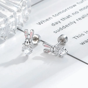 Cute Rabbit Cartilage Ear Stud Pink Enamel Stainless Steel Copper Clear Cubic Zirconia Screw Back Piercing Jewelry