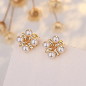 Flower Artificial Pearl Stud Earrings For Women Copper Zircon Vintage Elegant With 925 Sterling Silver Earring Post