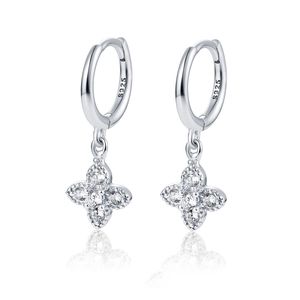 925 Sterling Silver Lucky Four-Leaf Clover Earrings with Shimmering Zircon Inlay
