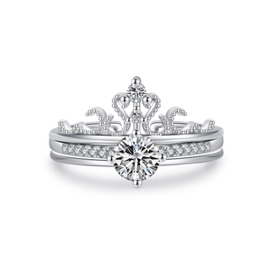 Elegant silver crown layered ring set with sparkling zircon stones and round centerpiece