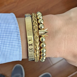 Three-piece gold stainless steel set with Roman numeral cuff and crown beaded bracelet