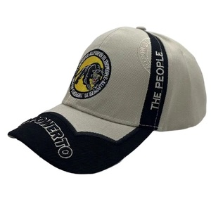 Detail of embroidered panther patch and street style lettering on a retro baseball cap