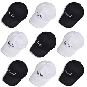 Nine-grid display of black and white Squad Bride cotton baseball caps with embroidery