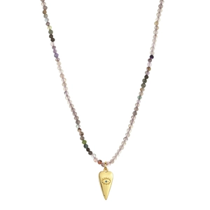 Detail of bohemian necklace with multi-color natural beads and gold evil eye pendant