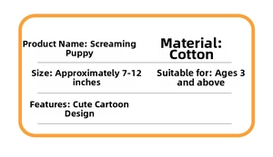 Specifications chart for screaming dog plush toy showing materials and size details