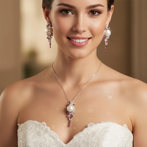 Elegant silver jewelry set with drop pearls and red stones worn by a model