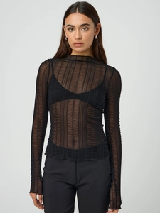 Women Sexy See Through Sheer Mesh T-Shirt Round Neck Long Sleeve Slim Fit Solid Color Hollow Out Textured Tops