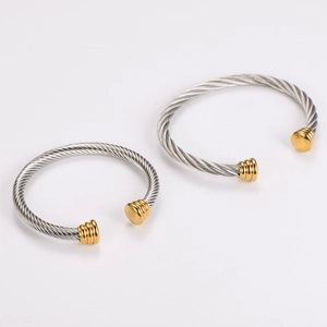 Retro stainless steel twisted cable open bangle with two-tone silver and gold finish